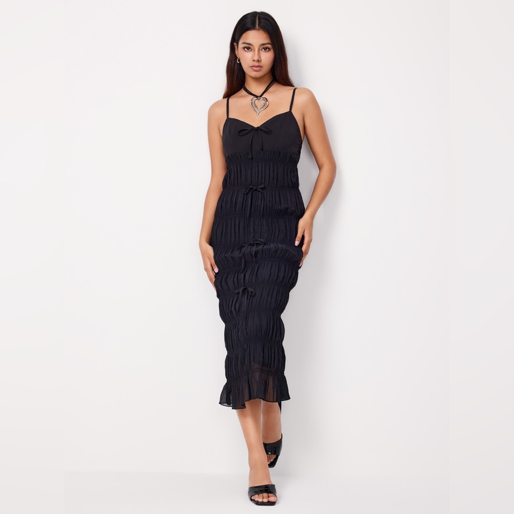 Cider Black Tiered Bowtie Smocked Tiered Stretch Maxi Dress